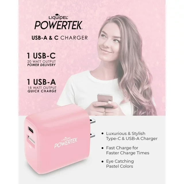 Liquipel Powertek Pastel Type-C Fast Charging Wall Charger 20W PD USB-C with Foldable Plug, for iPhone, iPad, iWatch, Galaxy, Tablet
