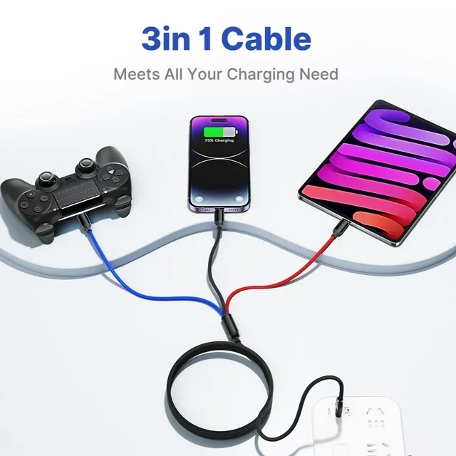 2 Pack Multi Charging Cable, 3 in 1 Multi Phone Charger Cable Fast Charging Cord with Lightning, USB C and Micro USB Cable, for iPhone iPad Samsung Android Phone, Black